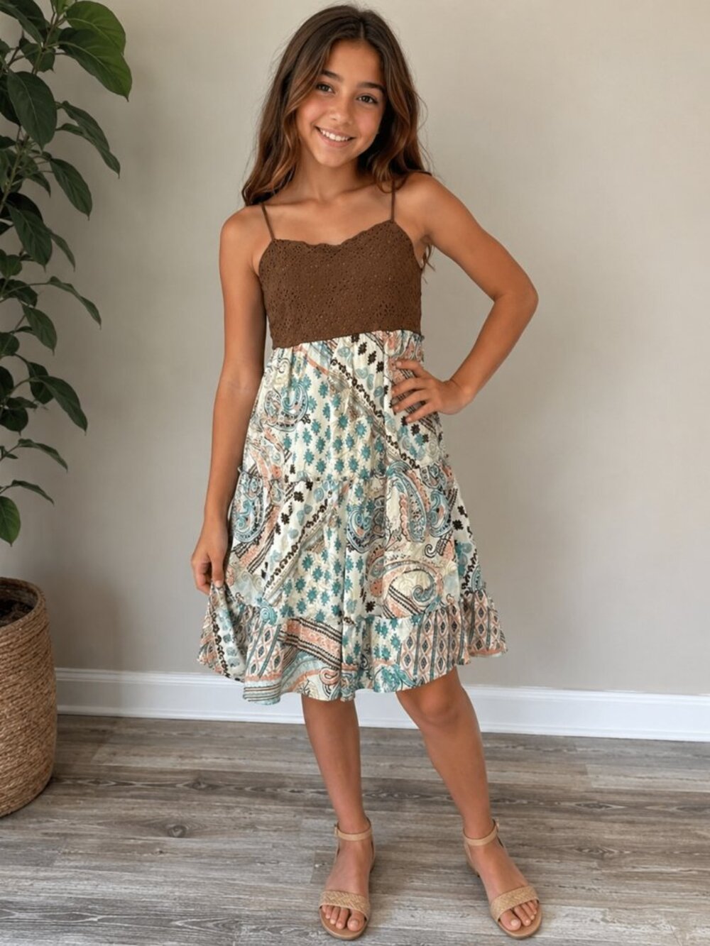Hearts of Palm Girl Boho Paisley Dress | Girls Size 14 | Eyelet Bodice | WA-1591